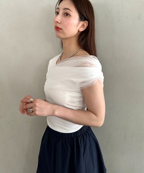 MYMOOD.(マイムード)の「チュールドッキングアシメントリーカットソー 半袖Tシャツ ワンショルダートップス(Tシャツ/カットソー・レディース・ブラック/ホワイト・FREE)」の16枚目の写真
