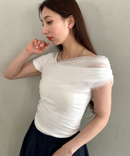 MYMOOD.(マイムード)の「チュールドッキングアシメントリーカットソー 半袖Tシャツ ワンショルダートップス(Tシャツ/カットソー・レディース・ブラック/ホワイト・FREE)」の6枚目の写真