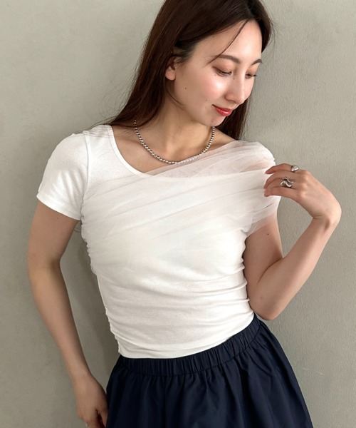MYMOOD.(マイムード)の「チュールドッキングアシメントリーカットソー 半袖Tシャツ ワンショルダートップス(Tシャツ/カットソー・レディース・ブラック/ホワイト・FREE)」の5枚目の写真