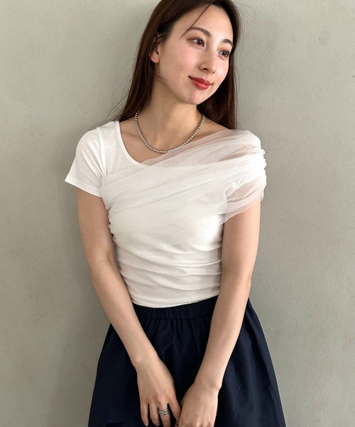 MYMOOD.(マイムード)の「チュールドッキングアシメントリーカットソー 半袖Tシャツ ワンショルダートップス(Tシャツ/カットソー・レディース・ブラック/ホワイト・FREE)」の17枚目の写真