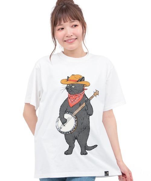 チチカカ（チチカカ）の「go slow caravan USAコットンバンジョー猫Tシャツ【ユニセックス】（Tシャツ/カットソー・レディース・ホワイト/グリーン・MEDIUM/LARGE）」の5枚目の写真
