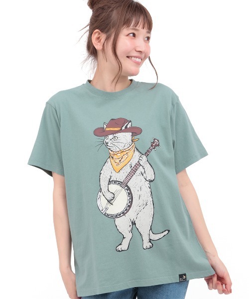 チチカカ（チチカカ）の「go slow caravan USAコットンバンジョー猫Tシャツ【ユニセックス】（Tシャツ/カットソー・レディース・ホワイト/グリーン・MEDIUM/LARGE）」の6枚目の写真