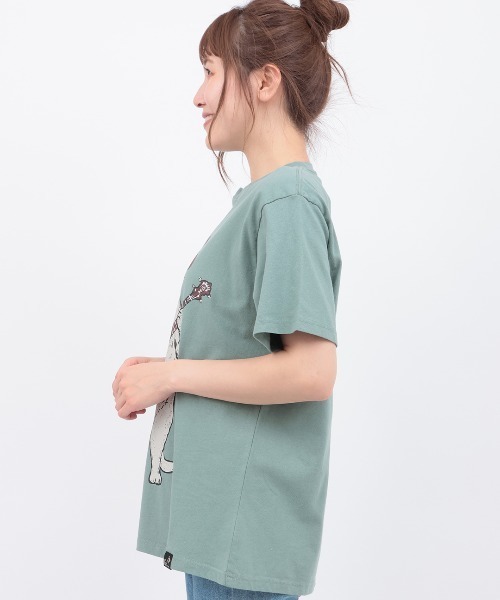 チチカカ（チチカカ）の「go slow caravan USAコットンバンジョー猫Tシャツ【ユニセックス】（Tシャツ/カットソー・レディース・ホワイト/グリーン・MEDIUM/LARGE）」の7枚目の写真