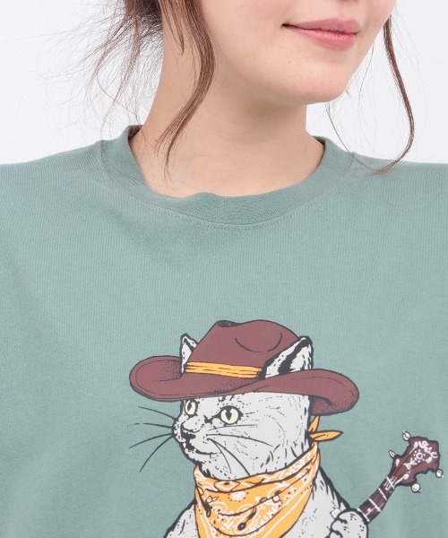 チチカカ（チチカカ）の「go slow caravan USAコットンバンジョー猫Tシャツ【ユニセックス】（Tシャツ/カットソー・レディース・ホワイト/グリーン・MEDIUM/LARGE）」の9枚目の写真