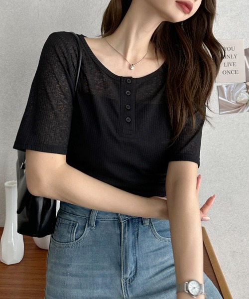 TREOVER（トレオーバー）の「サラっと軽やかな着心地の半袖ヘンリーネックTシャツ（Tシャツ/カットソー・レディース・ライトグレー/ピンク/ブラック・FREE）」の12枚目の写真