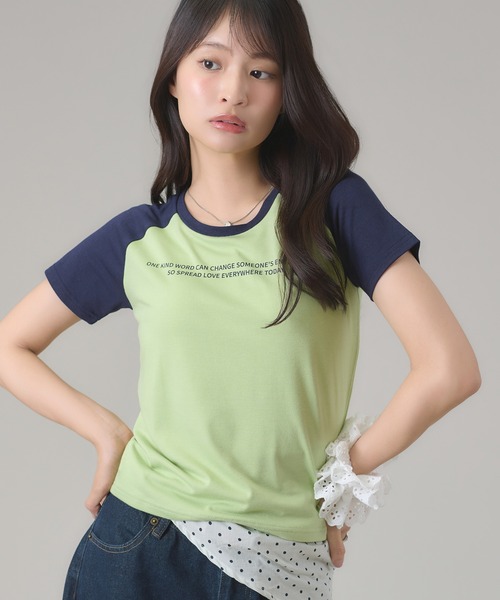apres jour mignon(アプレジュールミニョン)の「配色ラグランTシャツ(Tシャツ/カットソー・レディース・ピンク/グリーン/ネイビー・フリー/LARGE)」の3枚目の写真
