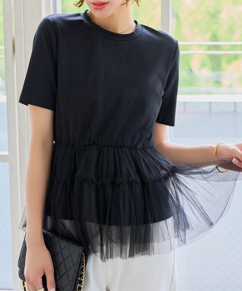 KOBE LETTUCE(コウベレタス)の「ティアードチュールペプラムトップス(Tシャツ/カットソー・レディース・オフホワイト/ブラック・M)」の2枚目の写真