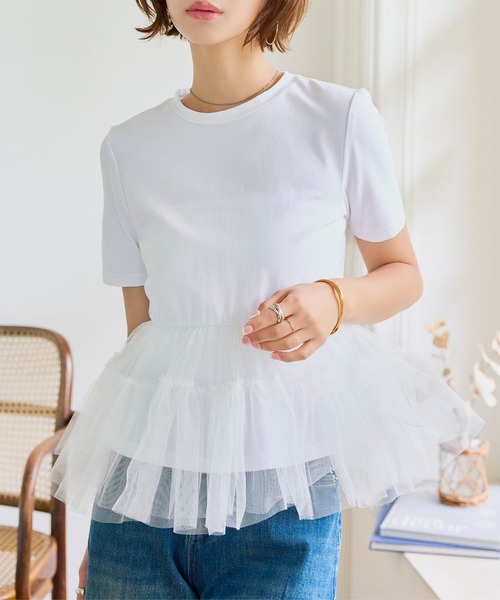 KOBE LETTUCE(コウベレタス)の「ティアードチュールペプラムトップス(Tシャツ/カットソー・レディース・オフホワイト/ブラック・M)」の13枚目の写真