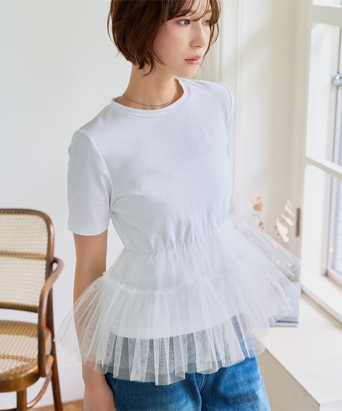 KOBE LETTUCE(コウベレタス)の「ティアードチュールペプラムトップス(Tシャツ/カットソー・レディース・オフホワイト/ブラック・M)」の12枚目の写真