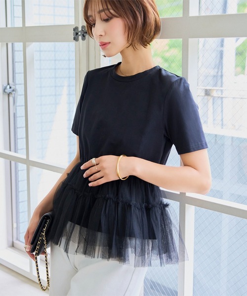 KOBE LETTUCE(コウベレタス)の「ティアードチュールペプラムトップス(Tシャツ/カットソー・レディース・オフホワイト/ブラック・M)」の9枚目の写真