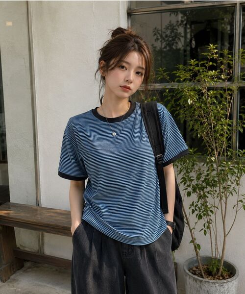 SUPERSUB(スーパーサブ)の「ストライプリンガー半袖Tシャツ-グレー(Tシャツ/カットソー・レディース・その他・SMALL/MEDIUM/LARGE)」の4枚目の写真