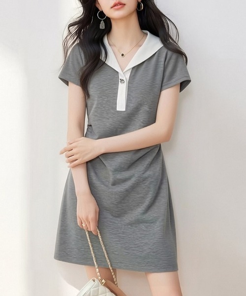 AMAJI(アマジ)の「セーラーカラー 半袖 ワンピース(ワンピース・レディース・グレー・MEDIUM/LARGE/X-LARGE/SMALL)」の2枚目の写真