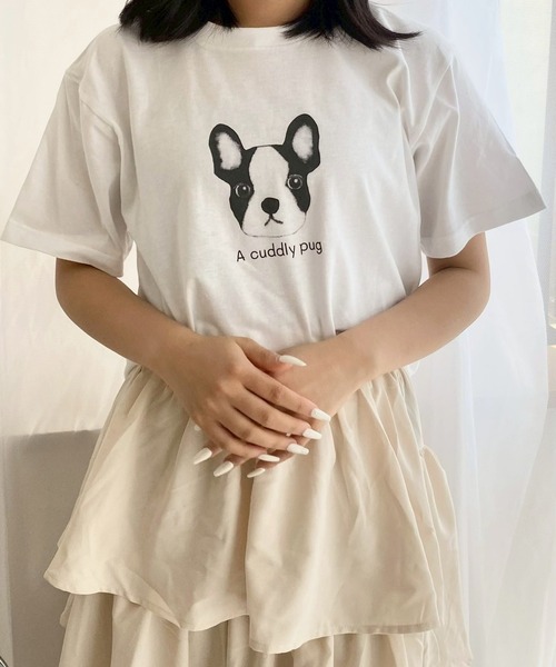 etta(エタ)の「パグイラスト半袖Tシャツ(Tシャツ/カットソー・レディース・ホワイト・MEDIUM)」の1枚目の写真