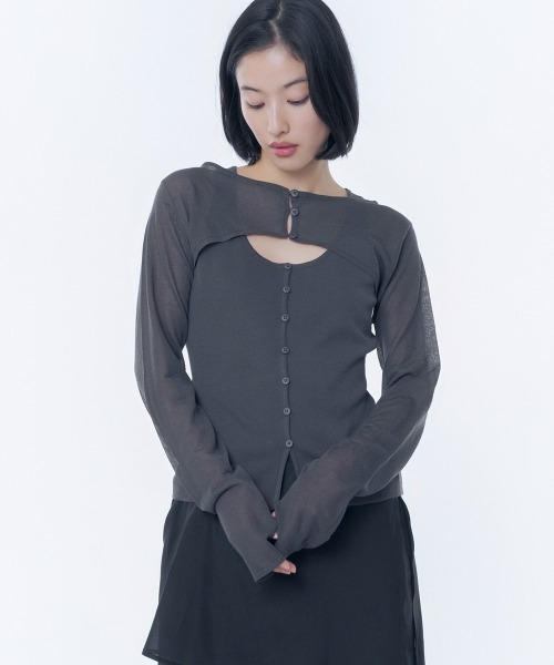 Miseki SEOUL（ミセキソウル）の「LAYERED BOLERO KNIT TOP（Tシャツ/カットソー・レディース・ブラック/グレー/チャコールグレー・OS）」の2枚目の写真