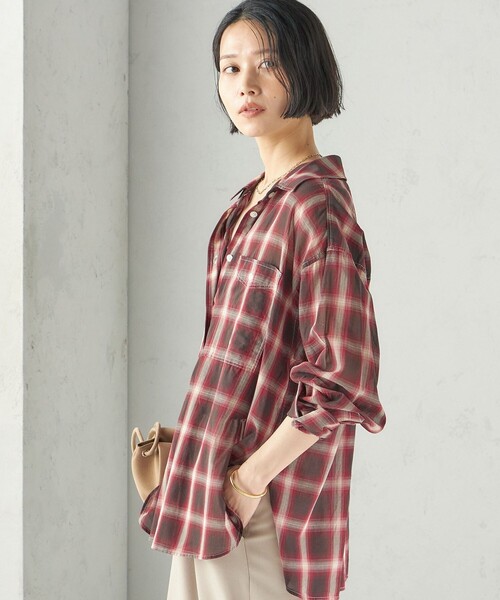 SHIPS(シップス)の「〈手洗い可能〉シアー チェック オーバー サイズ シャツ(シャツ/ブラウス・レディース・オリーブ/レッド・ONE SIZE)」の6枚目の写真