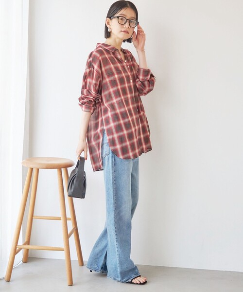 SHIPS(シップス)の「〈手洗い可能〉シアー チェック オーバー サイズ シャツ(シャツ/ブラウス・レディース・オリーブ/レッド・ONE SIZE)」の8枚目の写真