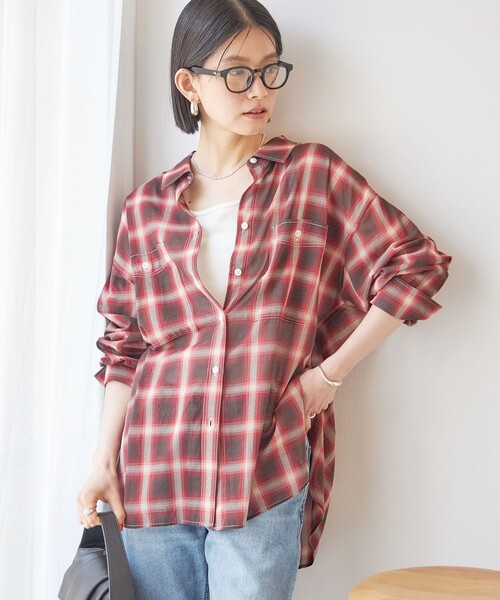 SHIPS(シップス)の「〈手洗い可能〉シアー チェック オーバー サイズ シャツ(シャツ/ブラウス・レディース・オリーブ/レッド・ONE SIZE)」の9枚目の写真