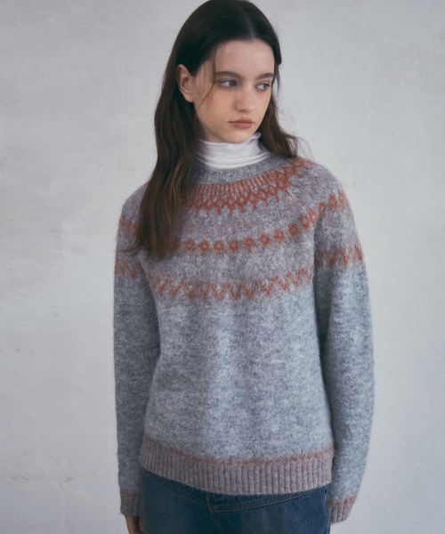 OURNOSTALGIA（アワー ノスタルジア）の「Vintage Lodge Nordic Knit_Light Grey(OC25-KN24)（ニット/セーター・レディース・ライトグレー・FREE）」の3枚目の写真