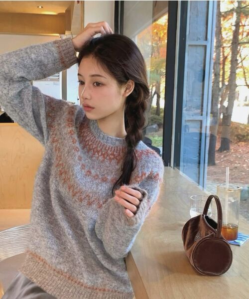OURNOSTALGIA（アワー ノスタルジア）の「Vintage Lodge Nordic Knit_Light Grey(OC25-KN24)（ニット/セーター・レディース・ライトグレー・FREE）」の5枚目の写真