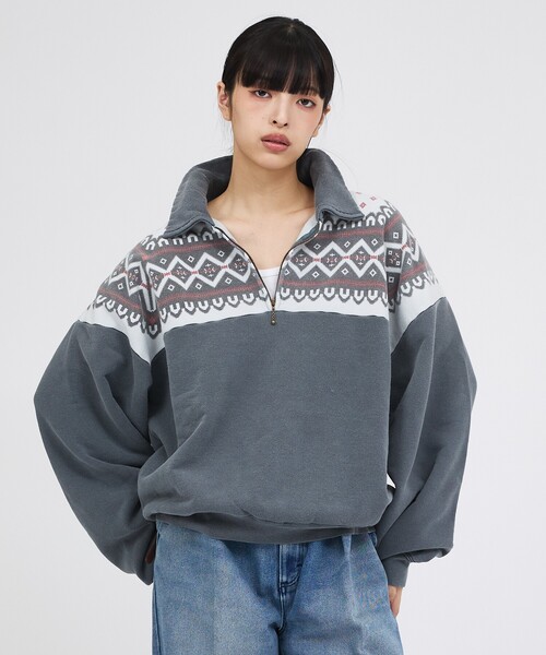 REMI RELIEF（レミレリーフ）の「【REMI RELIEF / レミレリーフ】 ヴィンテージ裏毛 雪柄ハーフZIP / ユニセックス（スウェット・メンズ・グレー系その他/ブラック系その他・L/M）」の2枚目の写真