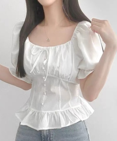 Sibra(シブラ)の「3color フロントリボンスクエアネックペプラムブラウス(Tシャツ/カットソー・レディース・ブルー/ホワイト/ブラック・M)」の12枚目の写真