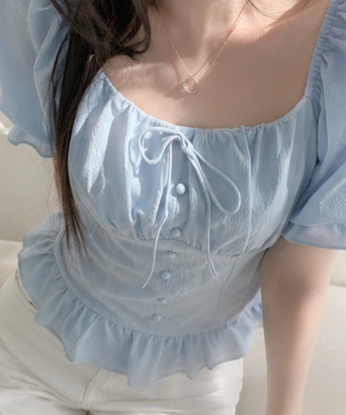Sibra(シブラ)の「3color フロントリボンスクエアネックペプラムブラウス(Tシャツ/カットソー・レディース・ブルー/ホワイト/ブラック・M)」の20枚目の写真