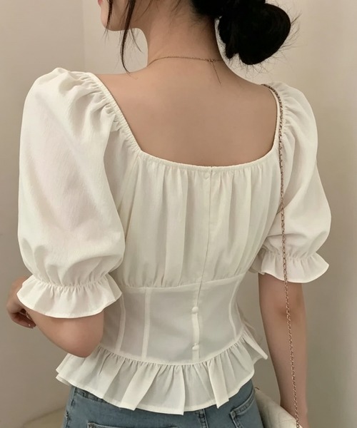 Sibra(シブラ)の「3color フロントリボンスクエアネックペプラムブラウス(Tシャツ/カットソー・レディース・ブルー/ホワイト/ブラック・M)」の11枚目の写真