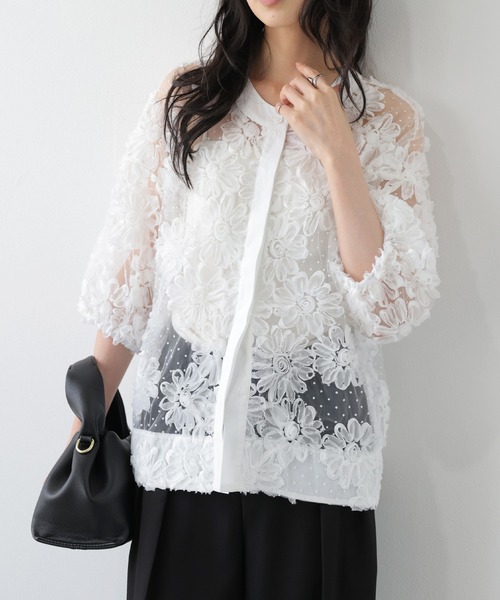 AMELY(エミリー)の「フラワーレースシアーカーディガン(カーディガン/ボレロ・レディース・ホワイト/ブラック・フリー)」の1枚目の写真
