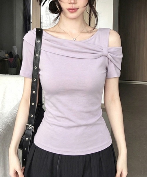 FREE STYLISTS(フリー スタイリスト)の「オフショルダー リボン ニット トップス(Tシャツ/カットソー・レディース・パープル・L/M/S)」の9枚目の写真