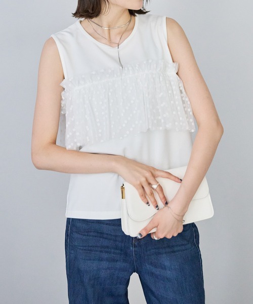 each(イーチ)の「ドットチュール付きノースリTシャツ(Tシャツ/カットソー・レディース・ホワイト/ブラック・FREE)」の7枚目の写真