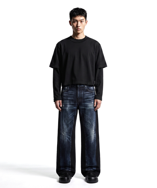 C WEAR BY THE GENIUS（シーウェアバイザジーニアス）の「ネックバインディング メンズ クロップTシャツ ブラック（Tシャツ/カットソー・メンズ・その他・SMALL/MEDIUM/LARGE/X-LARGE/XX-LARGE）」の2枚目の写真