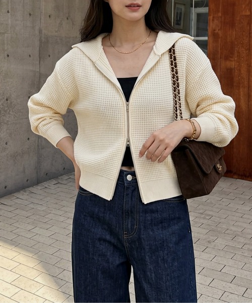 AMELY(エミリー)の「ダブルジップ ワッフル編み ニットパーカー/ショート丈/羽織り/(パーカー・レディース・ブラック/アイボリー/グレー/ブラウン・フリー)」の2枚目の写真