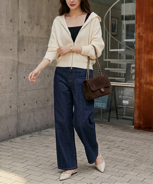 AMELY(エミリー)の「ダブルジップ ワッフル編み ニットパーカー/ショート丈/羽織り/(パーカー・レディース・ブラック/アイボリー/グレー/ブラウン・フリー)」の5枚目の写真