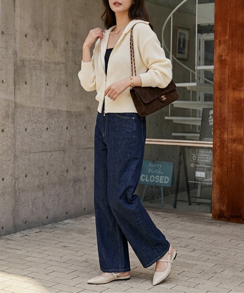 AMELY(エミリー)の「ダブルジップ ワッフル編み ニットパーカー/ショート丈/羽織り/(パーカー・レディース・ブラック/アイボリー/グレー/ブラウン・フリー)」の6枚目の写真