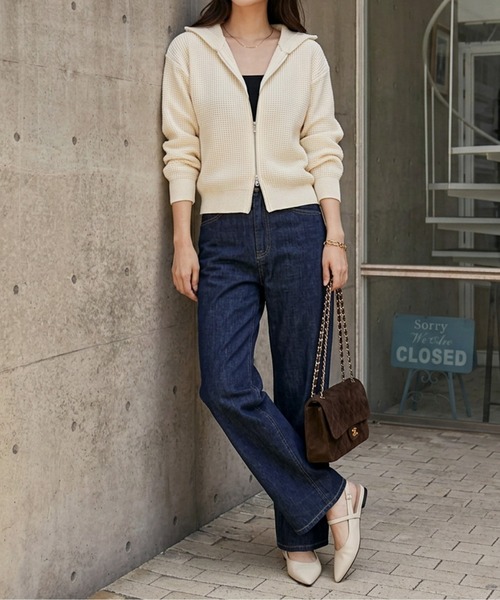 AMELY(エミリー)の「ダブルジップ ワッフル編み ニットパーカー/ショート丈/羽織り/(パーカー・レディース・ブラック/アイボリー/グレー/ブラウン・フリー)」の8枚目の写真