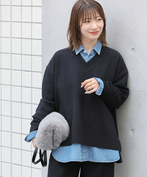 JOURNAL STANDARD relume（ジャーナルスタンダード　レリューム）の「ウォッシャブルウールミックスVネックプルオーバー（ニット/セーター・レディース・ブラック/グレー・FREE）」の6枚目の写真