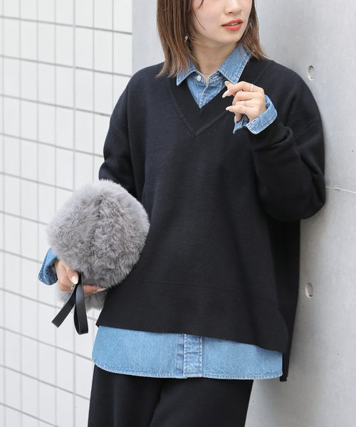 JOURNAL STANDARD relume（ジャーナルスタンダード　レリューム）の「ウォッシャブルウールミックスVネックプルオーバー（ニット/セーター・レディース・ブラック/グレー・FREE）」の7枚目の写真