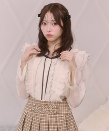 配色メロー フリル リボンタイ付き シフォンブラウス