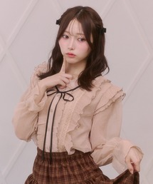 配色メロー フリル リボンタイ付き シフォンブラウス