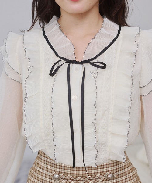 Rmine(アールマイン)の「配色メロー フリル リボンタイ付き シフォンブラウス(シャツ/ブラウス・レディース・ベージュ/ピンク・FREE)」の5枚目の写真