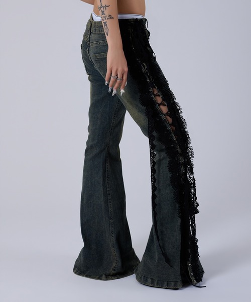 dollslutz（ドルズラッツ）の「【dollslutz】lace up flare denim /【ﾄﾞﾙｽﾞﾗｯﾂ】レースアップフレアデニム（デニムパンツ・レディース・ダークインディゴブルー・FREE）」の7枚目の写真