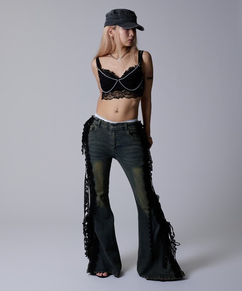 dollslutz（ドルズラッツ）の「【dollslutz】lace up flare denim /【ﾄﾞﾙｽﾞﾗｯﾂ】レースアップフレアデニム（デニムパンツ・レディース・ダークインディゴブルー・FREE）」の4枚目の写真