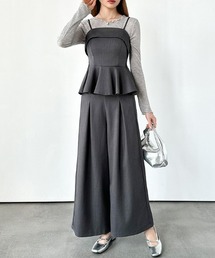 ペプラキャミソールセットアップ タックワイドパンツ セット ペプラムキャミ セットアップ ワイドパンツ パンツ ビスチェ風 トップス パンツ きれいめ カジュアル