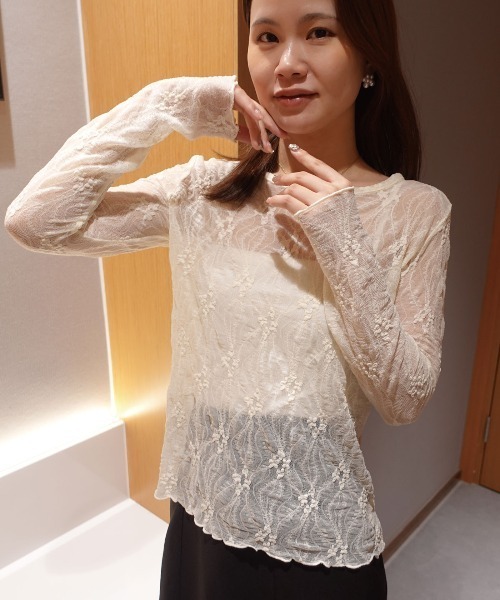 CORNERS(コーナーズ)の「レースクルーネックトップス(Tシャツ/カットソー・レディース・アイボリー/ブラック/ブラウン・M)」の18枚目の写真