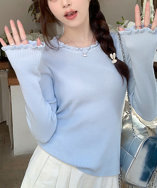 Girly Doll(ガーリードール)の「フリルトリムクルーネックリブニット(ニット/セーター・レディース・ブラック/ベージュ/ホワイト/グレー/ブルー・FREE)」の5枚目の写真