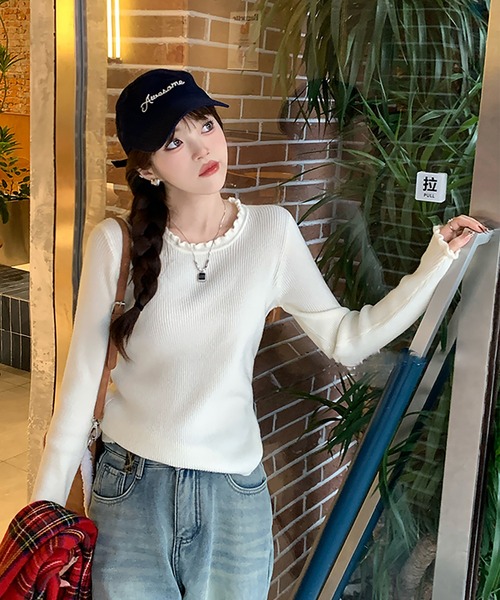 Girly Doll(ガーリードール)の「フリルトリムクルーネックリブニット(ニット/セーター・レディース・ブラック/ベージュ/ホワイト/グレー/ブルー・FREE)」の19枚目の写真