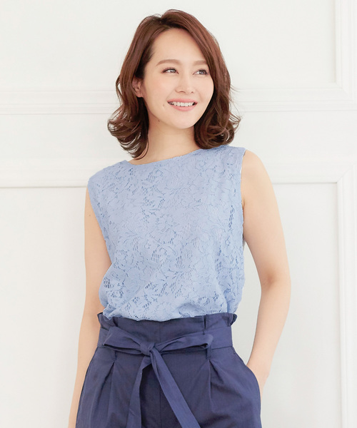 KOBE LETTUCE（コウベレタス）の「ノースリーブレースブラウス【セットアップOK】（シャツ/ブラウス・レディース・オフホワイト/サックスブルー/ラベンダー/ブラック/ライトイエロー/ネイビー/グレイッシュベージュ/ライトパープル/コーラル/グリーン/ピンク・FREE）」の7枚目の写真