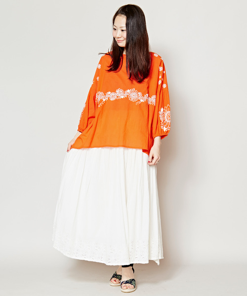 チャイハネ（チャイハネ）の「【チャイハネ】インド綿パンチングレースロングスカート（スカート・レディース・ホワイト/レッド/ターコイズブルー/オレンジ・FREE）」の5枚目の写真