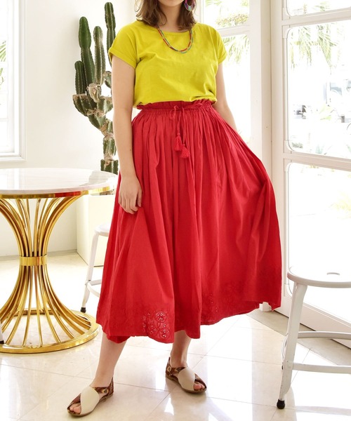 チャイハネ（チャイハネ）の「【チャイハネ】インド綿パンチングレースロングスカート（スカート・レディース・ホワイト/レッド/ターコイズブルー/オレンジ・FREE）」の13枚目の写真