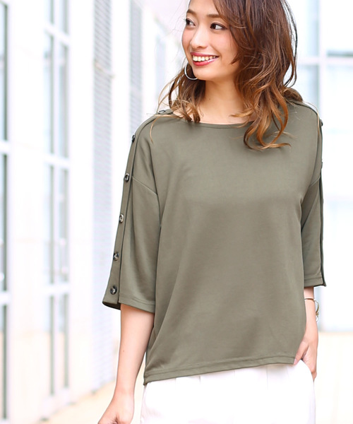 Bou Jeloud（ブージュルード）の「【ＷＥＢ限定】トリコットレーヨン配色釦カット（Tシャツ/カットソー・レディース・ネイビー/オフホワイト/カーキ・FREE）」の2枚目の写真